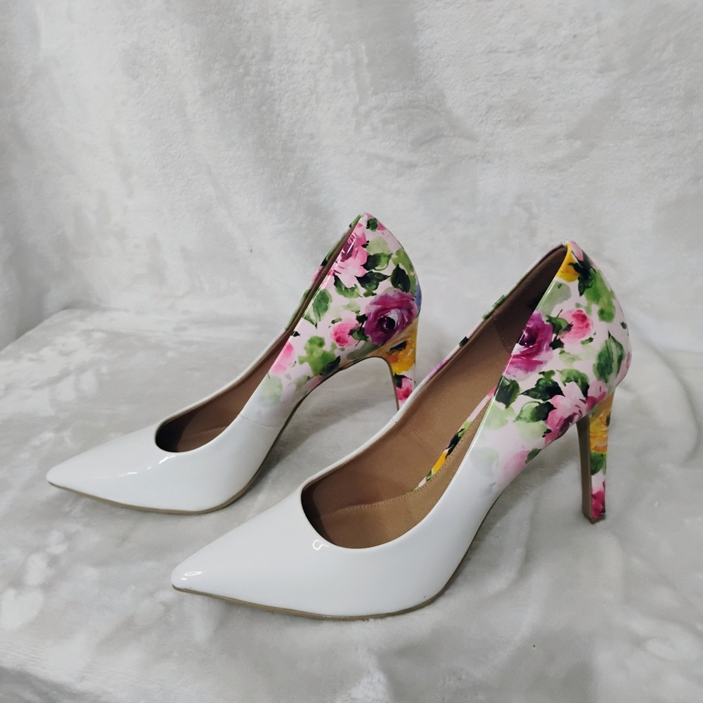 Christian Siriano Floral White Patent Pointed Toe Stiletto Pumps Heels Womens 10